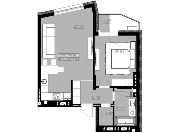 ЖК Привокзальный: планировка 1-комнатной квартиры 54.43 м²