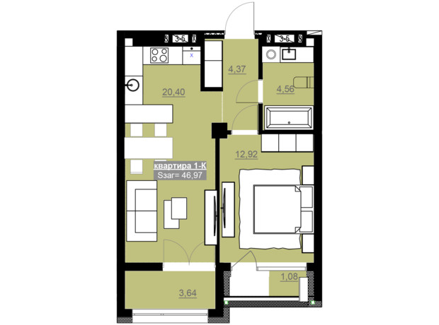 ЖК Привокзальный: планировка 1-комнатной квартиры 46.97 м²