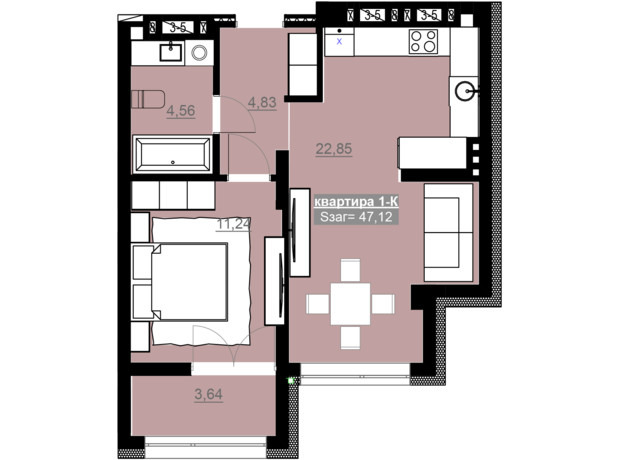 ЖК Привокзальный: планировка 1-комнатной квартиры 47.12 м²