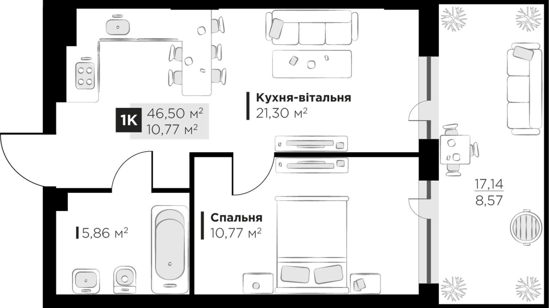 Планировка 1-комнатной квартиры в ЖК PERFECT LIFE 46.5 м², фото 678132