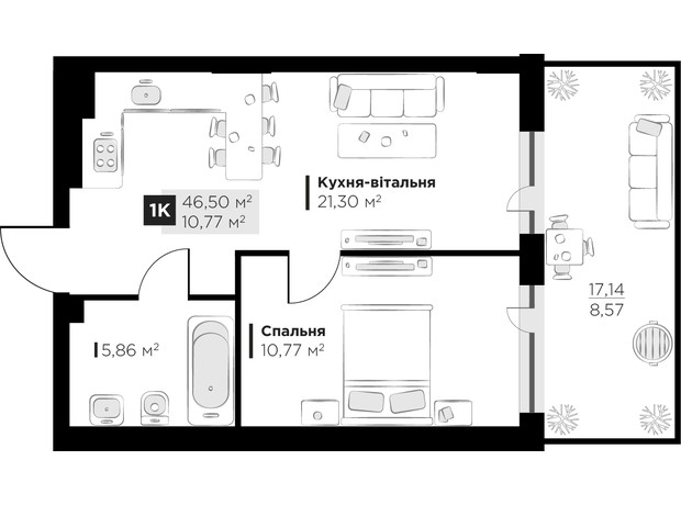 ЖК PERFECT LIFE: планировка 1-комнатной квартиры 46.5 м²