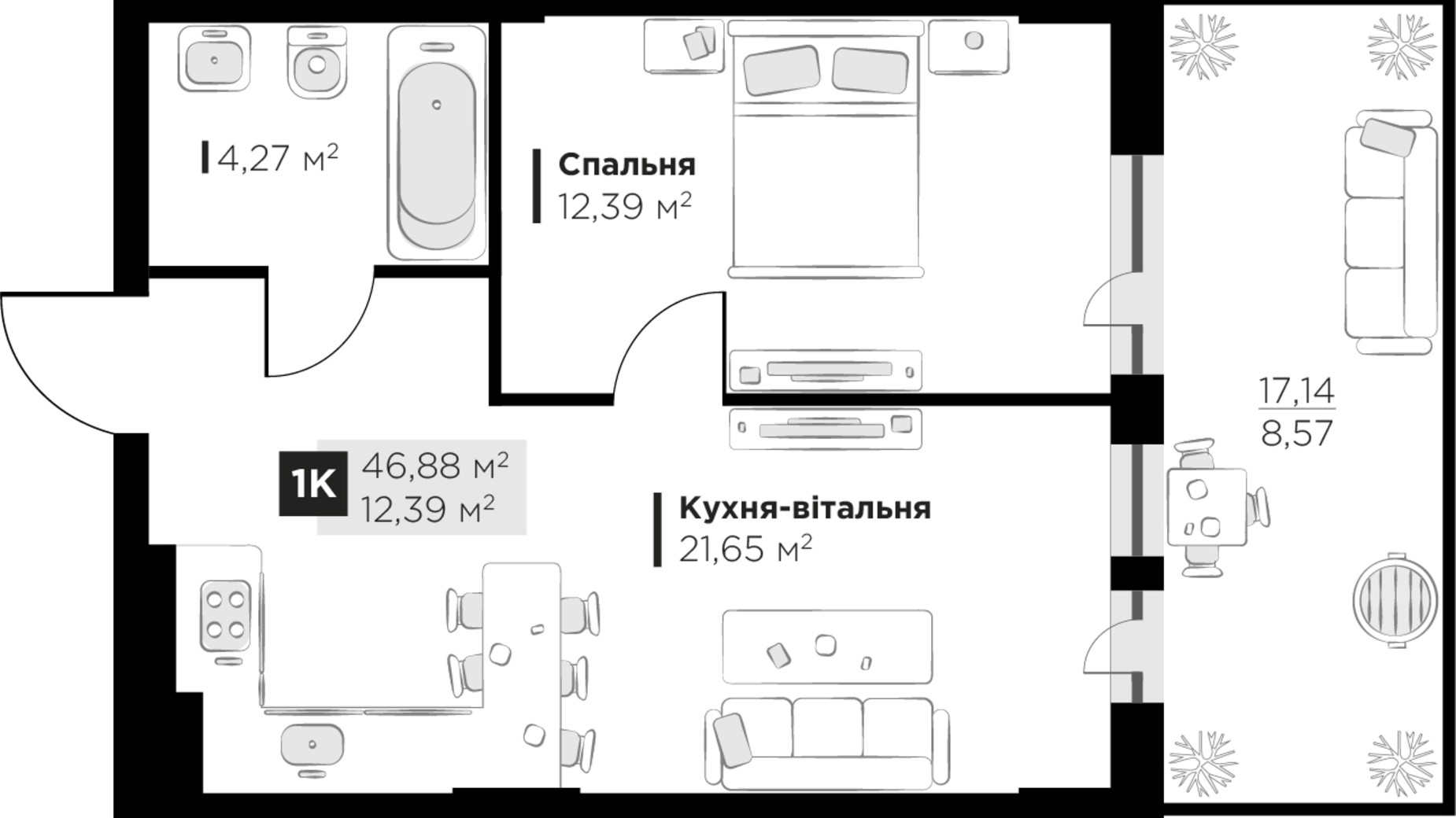 Планування 1-кімнатної квартири в ЖК PERFECT LIFE 46.88 м², фото 678133