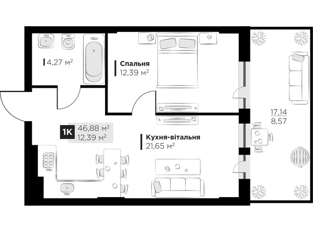 ЖК PERFECT LIFE: планировка 1-комнатной квартиры 46.88 м²