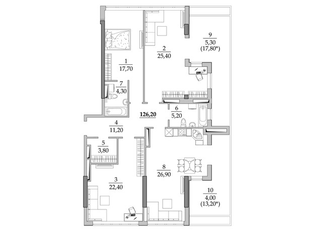 ЖК Таировские сады: планировка 3-комнатной квартиры 123 м²