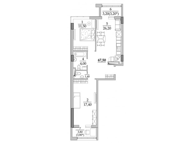 ЖК Таировские сады: планировка 2-комнатной квартиры 67.5 м²