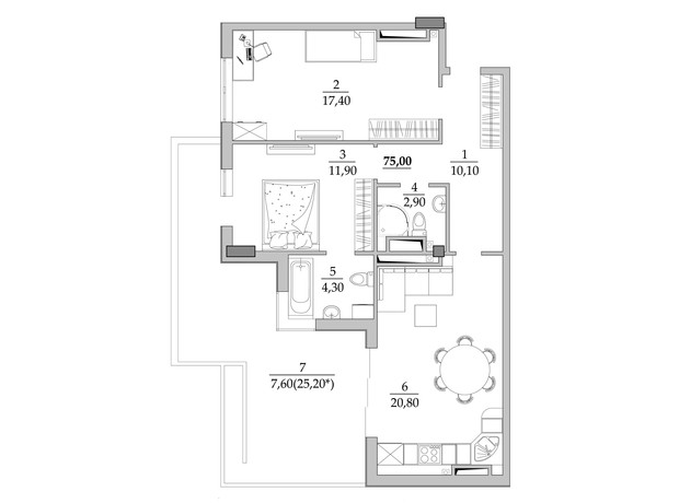 ЖК Таїровські сади: планування 2-кімнатної квартири 78 м²