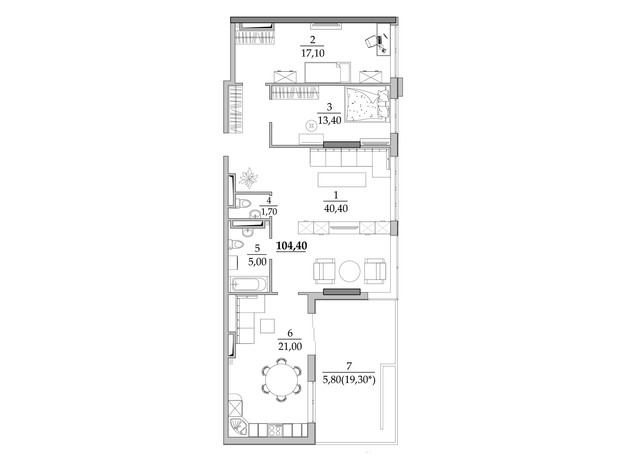ЖК Таїровські сади: планування 3-кімнатної квартири 106.2 м²