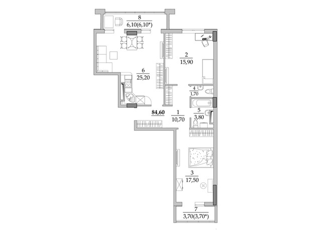 ЖК Таировские сады: планировка 2-комнатной квартиры 84.6 м²