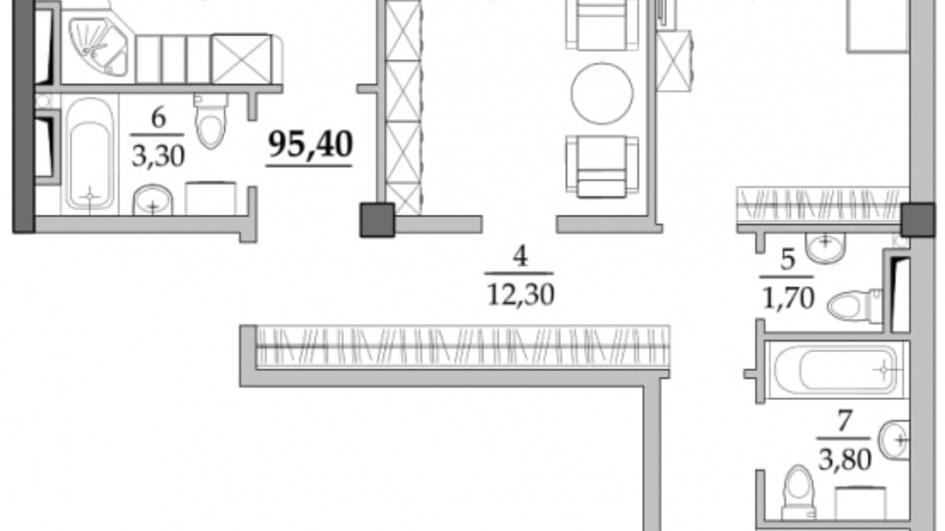 Планування 2-кімнатної квартири в ЖК Таїровські сади 95.4 м², фото 678258