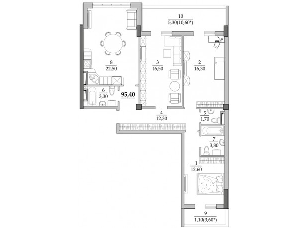 ЖК Таїровські сади: планування 2-кімнатної квартири 95.4 м²