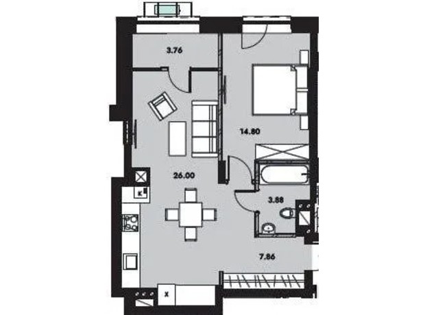 ЖК Compass: планування 1-кімнатної квартири 56.5 м²