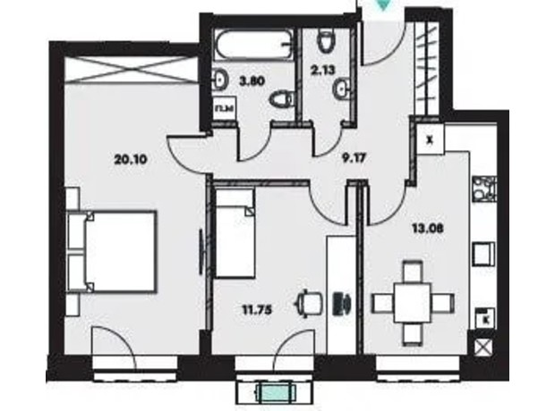 ЖК Compass: планування 2-кімнатної квартири 60 м²