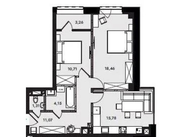 ЖК Compass: планування 2-кімнатної квартири 64.7 м²