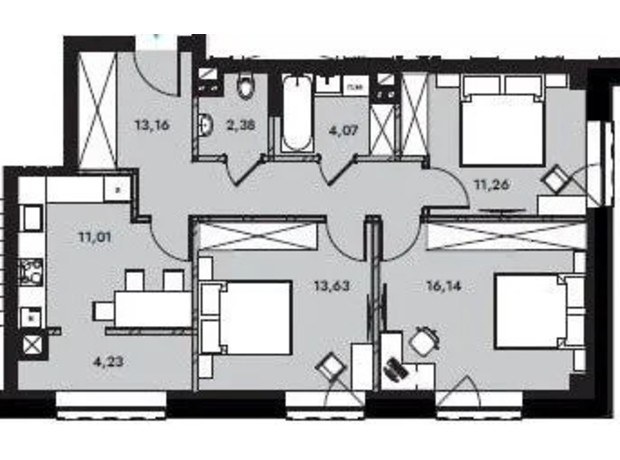 ЖК Compass: планировка 3-комнатной квартиры 75.9 м²