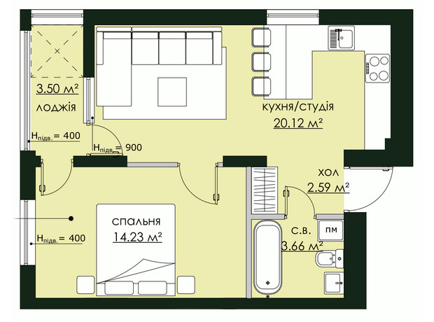 ЖК Бетховен: планировка 1-комнатной квартиры 44.1 м²