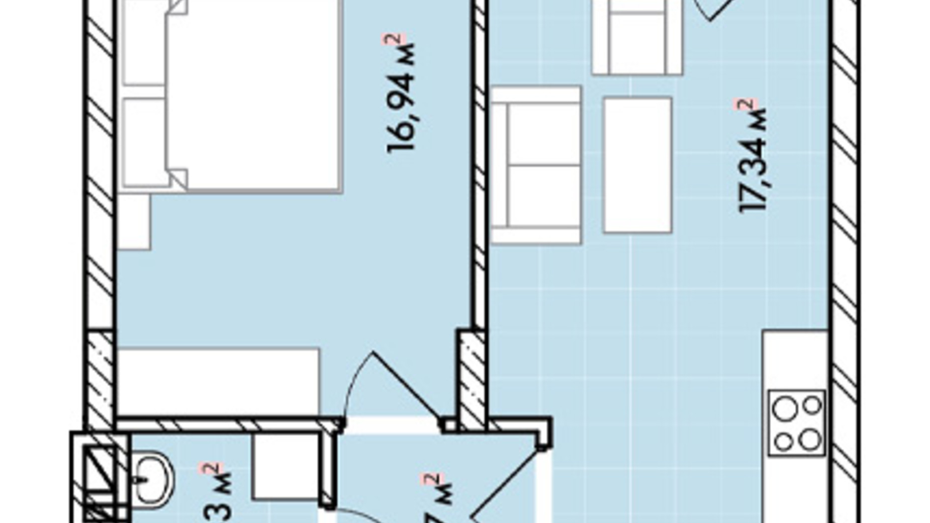 Планировка 1-комнатной квартиры в ЖК Софиевка 46 м², фото 678573