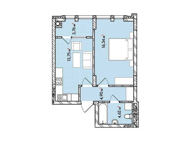 ЖК Софиевка: планировка 1-комнатной квартиры 43.4 м²