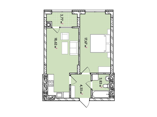 ЖК Софиевка: планировка 1-комнатной квартиры 48.4 м²