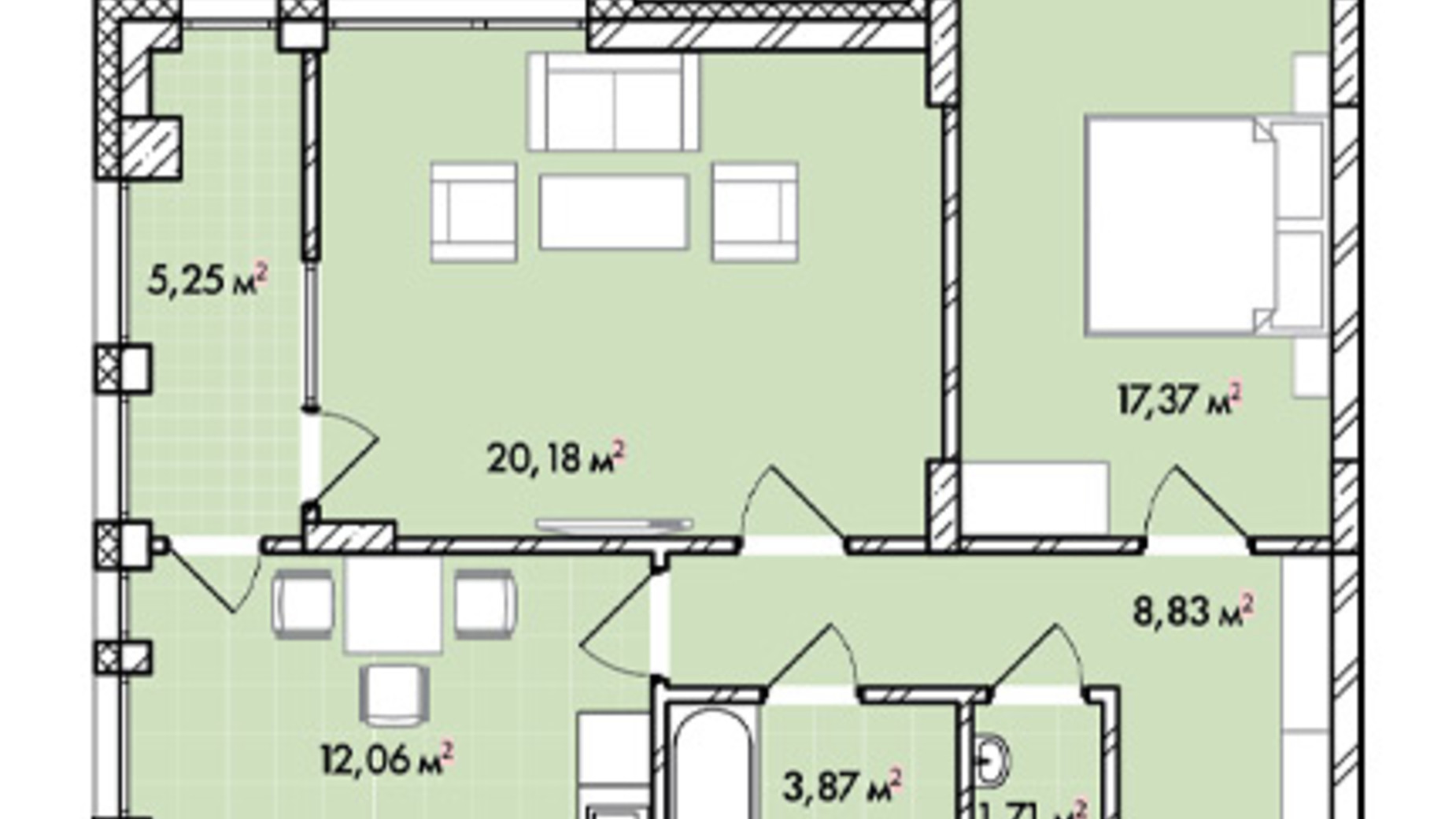 Планування 2-кімнатної квартири в ЖК Софіївка 69.2 м², фото 678596