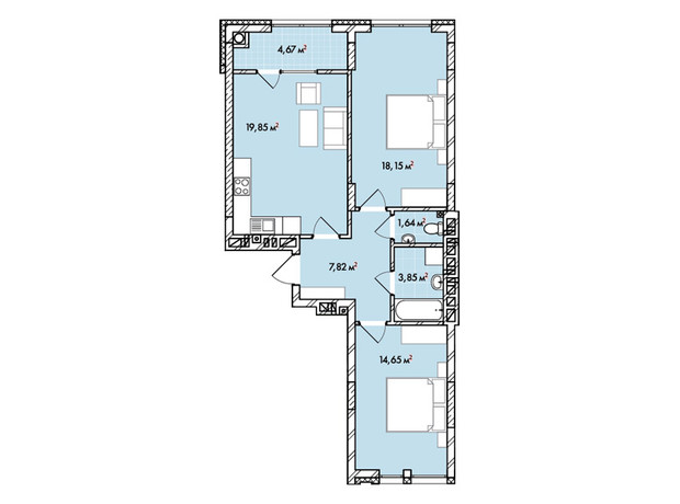 ЖК Софиевка: планировка 2-комнатной квартиры 70.6 м²