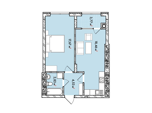 ЖК Софиевка: планировка 1-комнатной квартиры 48.3 м²