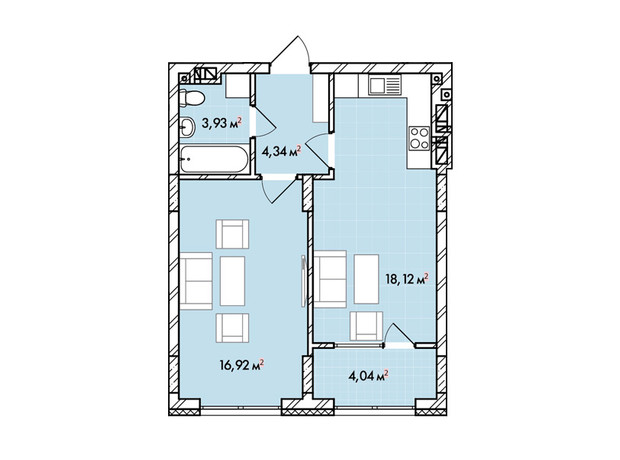 ЖК Софіївка: планування 1-кімнатної квартири 47.35 м²