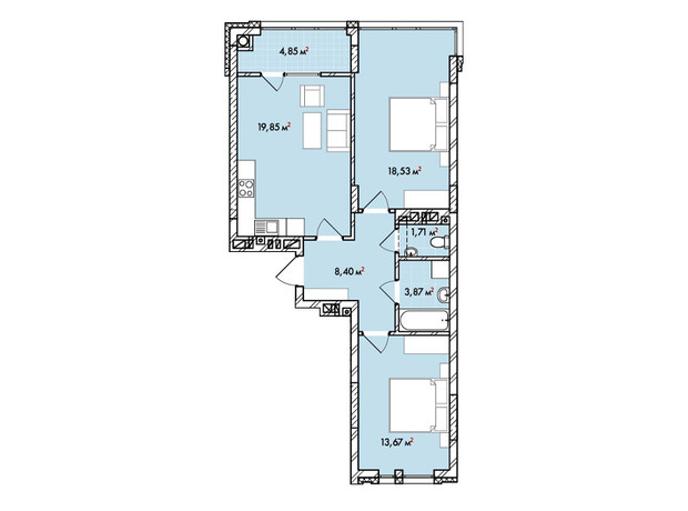 ЖК Софиевка: планировка 2-комнатной квартиры 70.9 м²