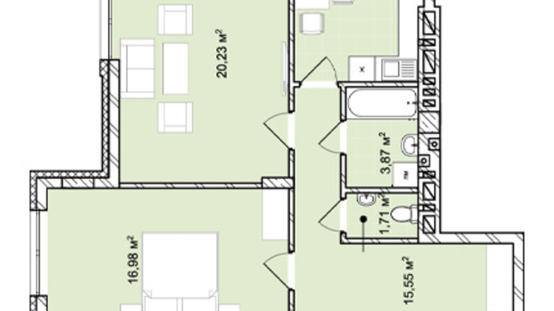 Планування 2-кімнатної квартири в ЖК Софіївка 75.66 м², фото 678821