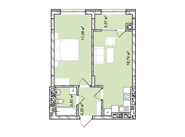 ЖК Софіївка: планування 1-кімнатної квартири 47.47 м²