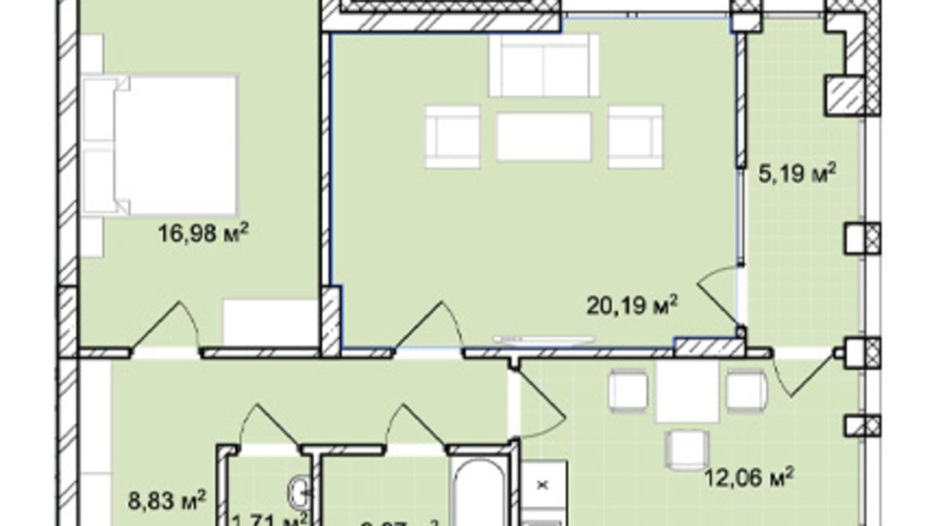 Планировка 2-комнатной квартиры в ЖК Софиевка 68.83 м², фото 678826
