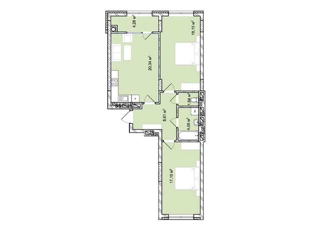 ЖК Софиевка: планировка 2-комнатной квартиры 74.17 м²