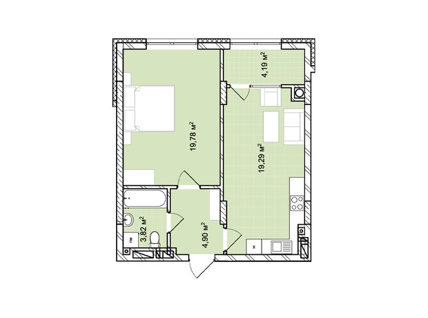 ЖК Софіївка: планування 1-кімнатної квартири 51.98 м²