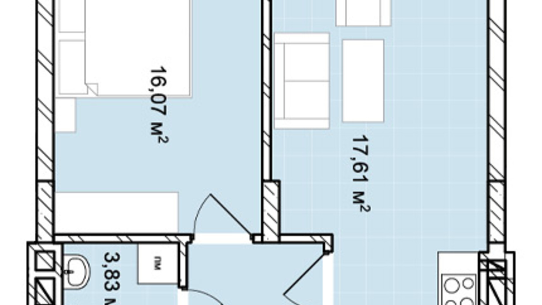 Планировка 1-комнатной квартиры в ЖК Софиевка 45.64 м², фото 678833