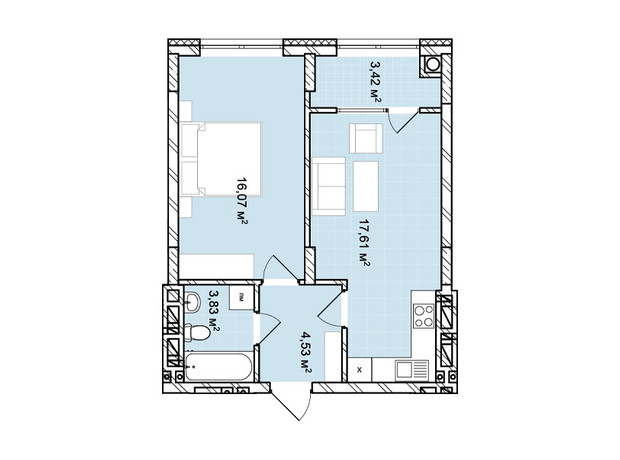 ЖК Софиевка: планировка 1-комнатной квартиры 45.64 м²