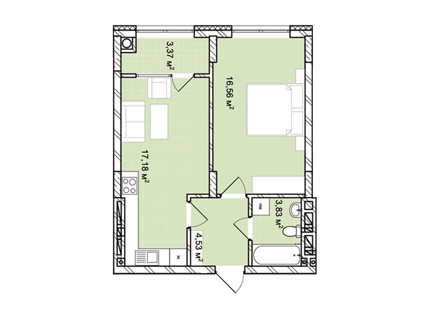 ЖК Софиевка: планировка 1-комнатной квартиры 45.47 м²