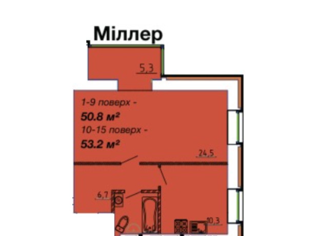 ЖК Графський: планування 1-кімнатної квартири 50.8 м²
