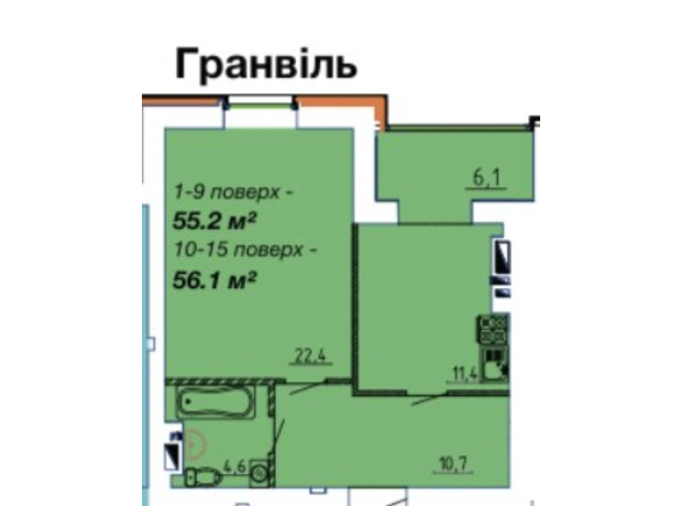 ЖК Графський: планування 1-кімнатної квартири 56.1 м²