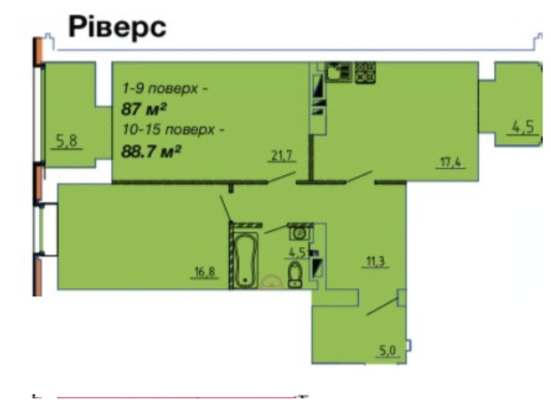 ЖК Графський: планування 1-кімнатної квартири 88.7 м²