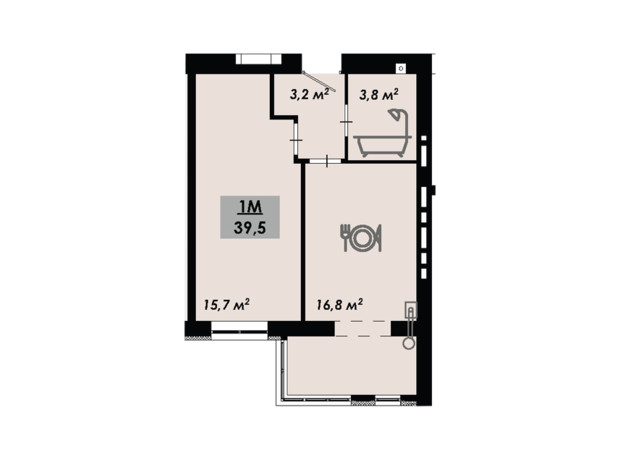 ЖК Рідний Дім: планування 1-кімнатної квартири 39.5 м²