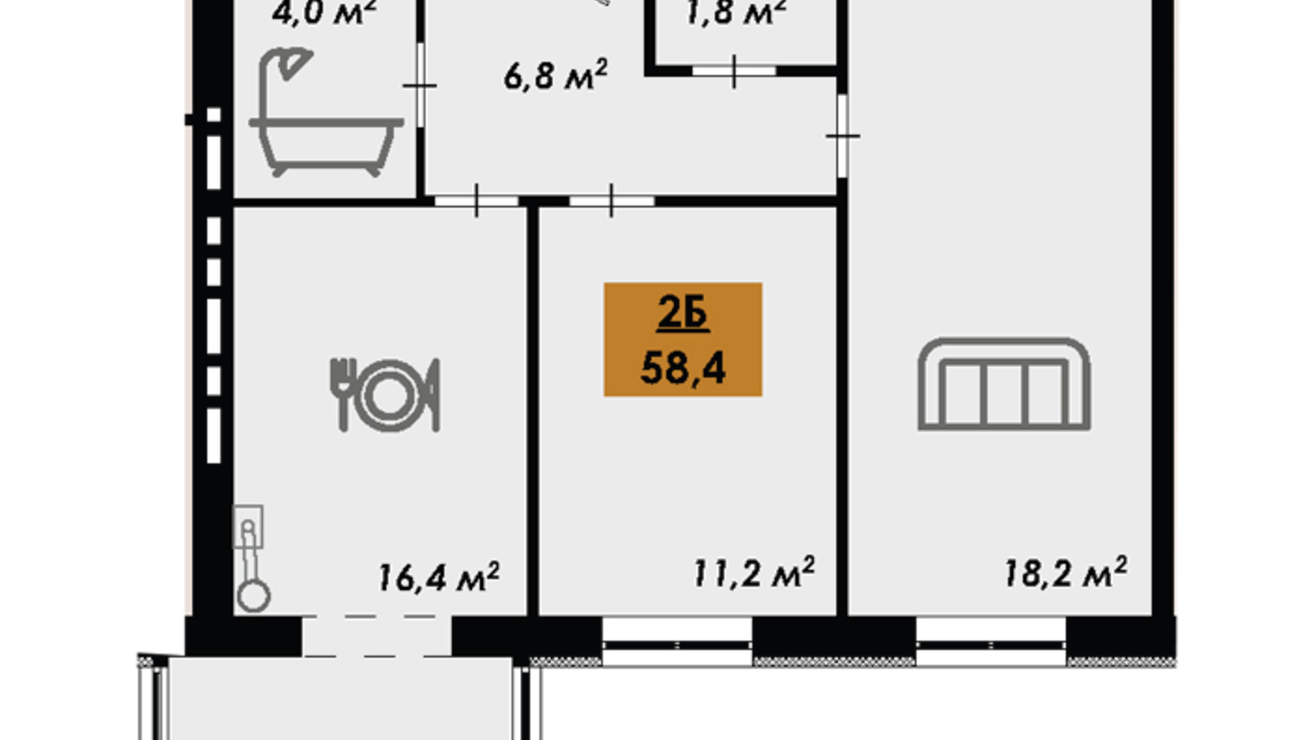 Планування 2-кімнатної квартири в ЖК Рідний Дім 58.4 м², фото 679041