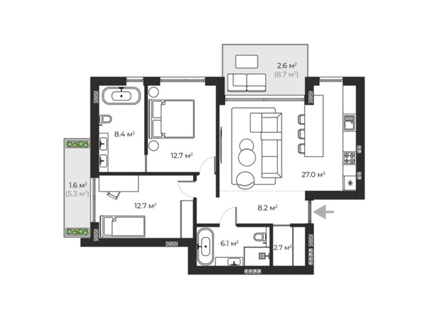 ЖК Sherwood: планування 2-кімнатної квартири 82 м²