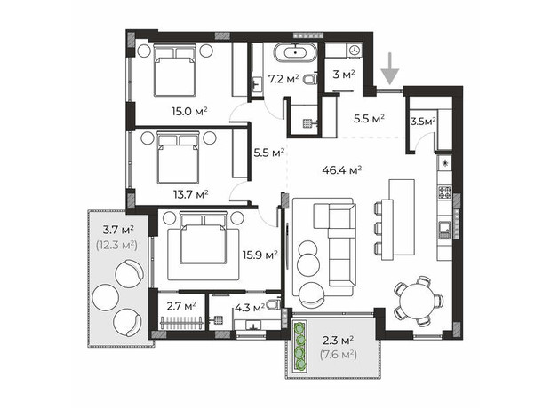 ЖК Sherwood: планировка 3-комнатной квартиры 128.7 м²