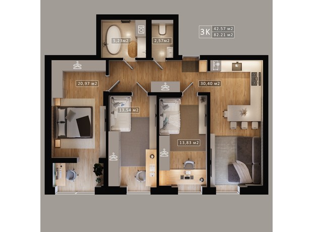 ЖК Амстердам: планировка 3-комнатной квартиры 82.21 м²