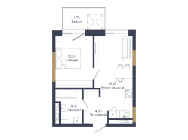 ЖК N69 Residents: планировка 1-комнатной квартиры 40.67 м²