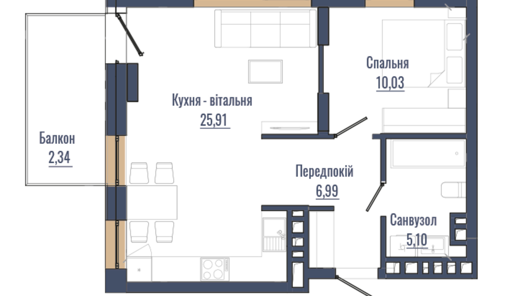Планування 1-кімнатної квартири в ЖК N69 Residents 50.37 м², фото 679211