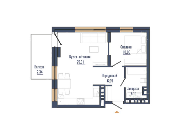 ЖК N69 Residents: планировка 1-комнатной квартиры 50.37 м²