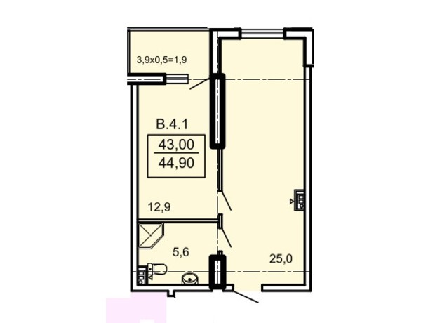 ЖК Акрополь: планировка 1-комнатной квартиры 44.9 м²