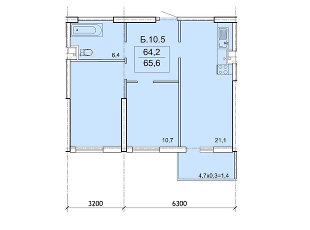 ЖК Акрополь: планировка 2-комнатной квартиры 65.6 м²