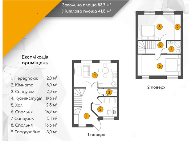 Таунхаус Belissimo Town: планування 3-кімнатної квартири 83.7 м²