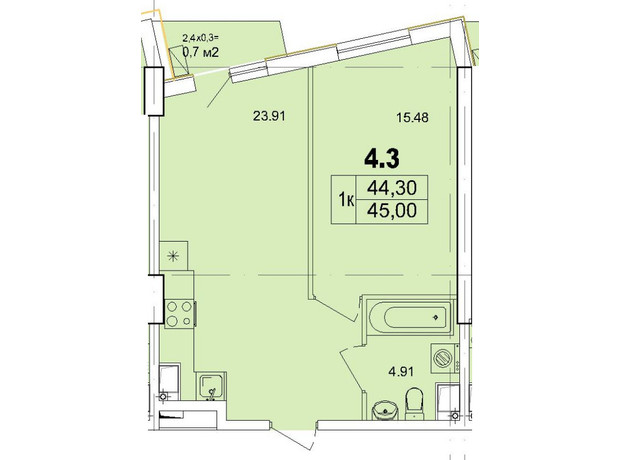 Апарт-комплекс Итака: планировка 1-комнатной квартиры 45 м²